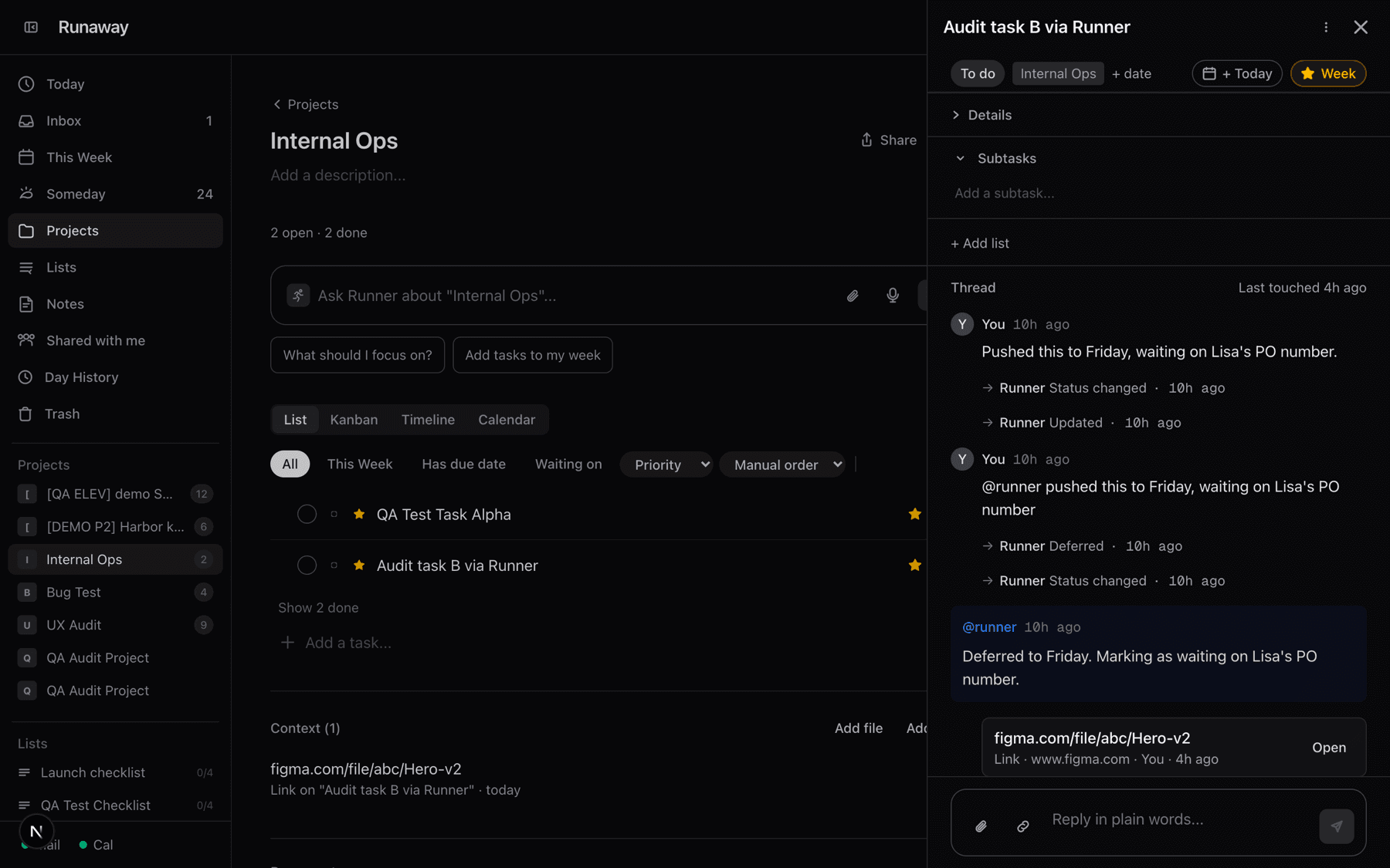 A task thread: a plain-words reply, Runner's receipt, and an attachment