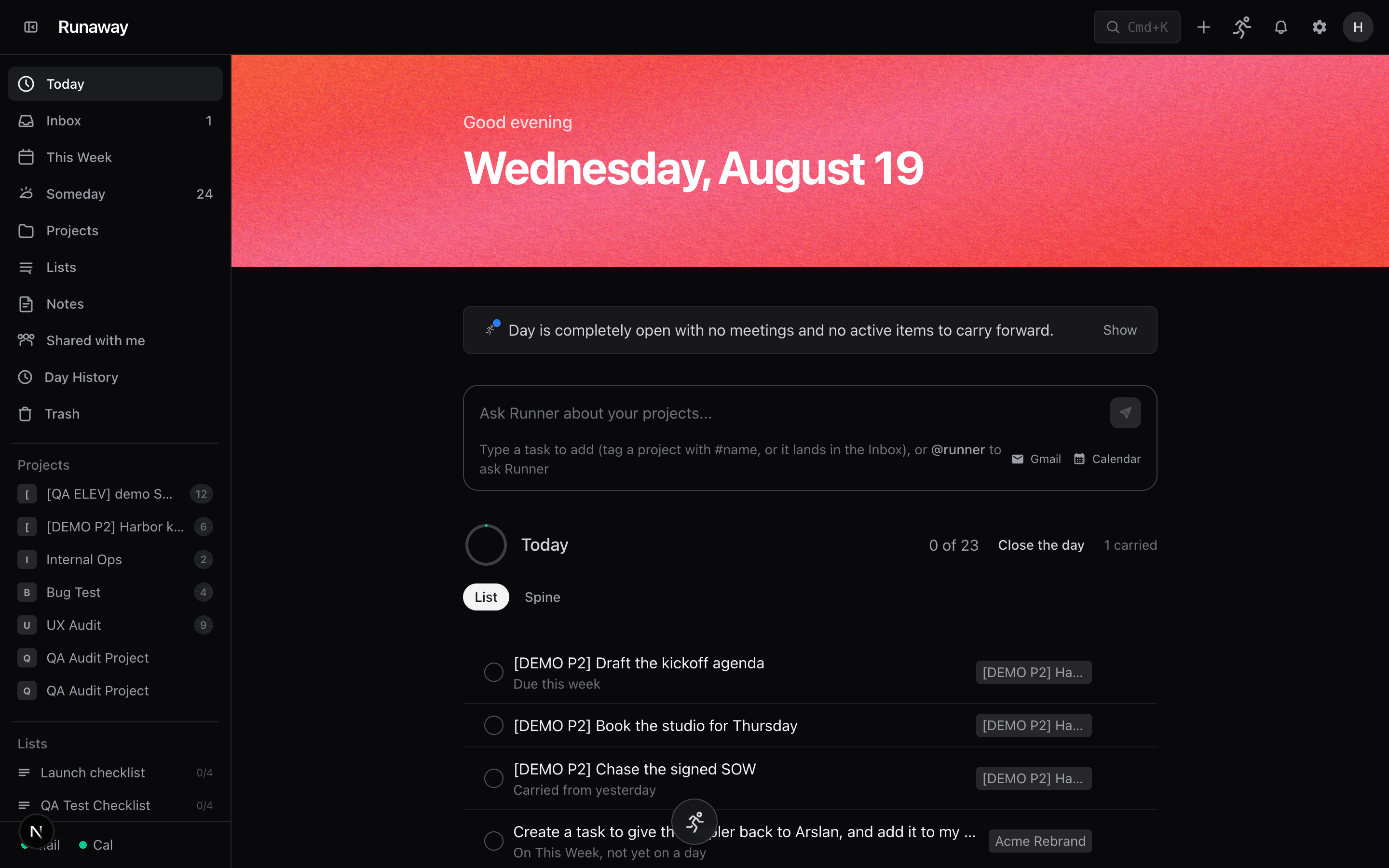Runaway's Today: the morning draft, proposals with evidence, and the day's list